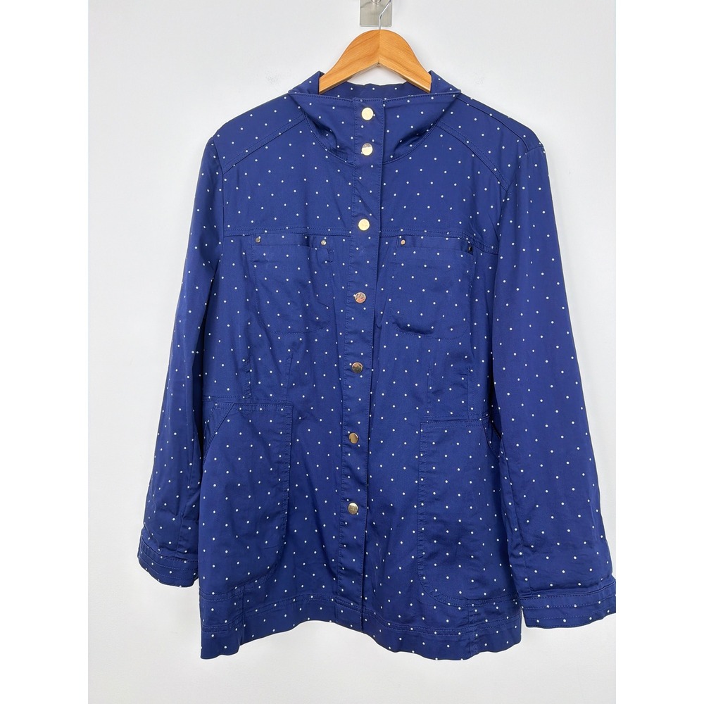 Chico's Cotton Utility Jacket Size 2 12/14 Navy Polka Dot Gold Snap Button